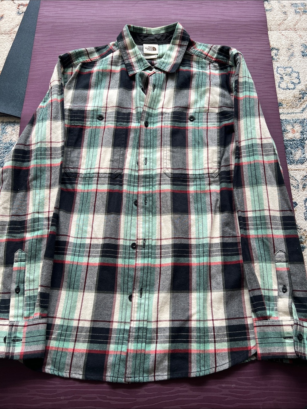 The North Face Men's Mint Green and Black Plaid Button-Down Shirt